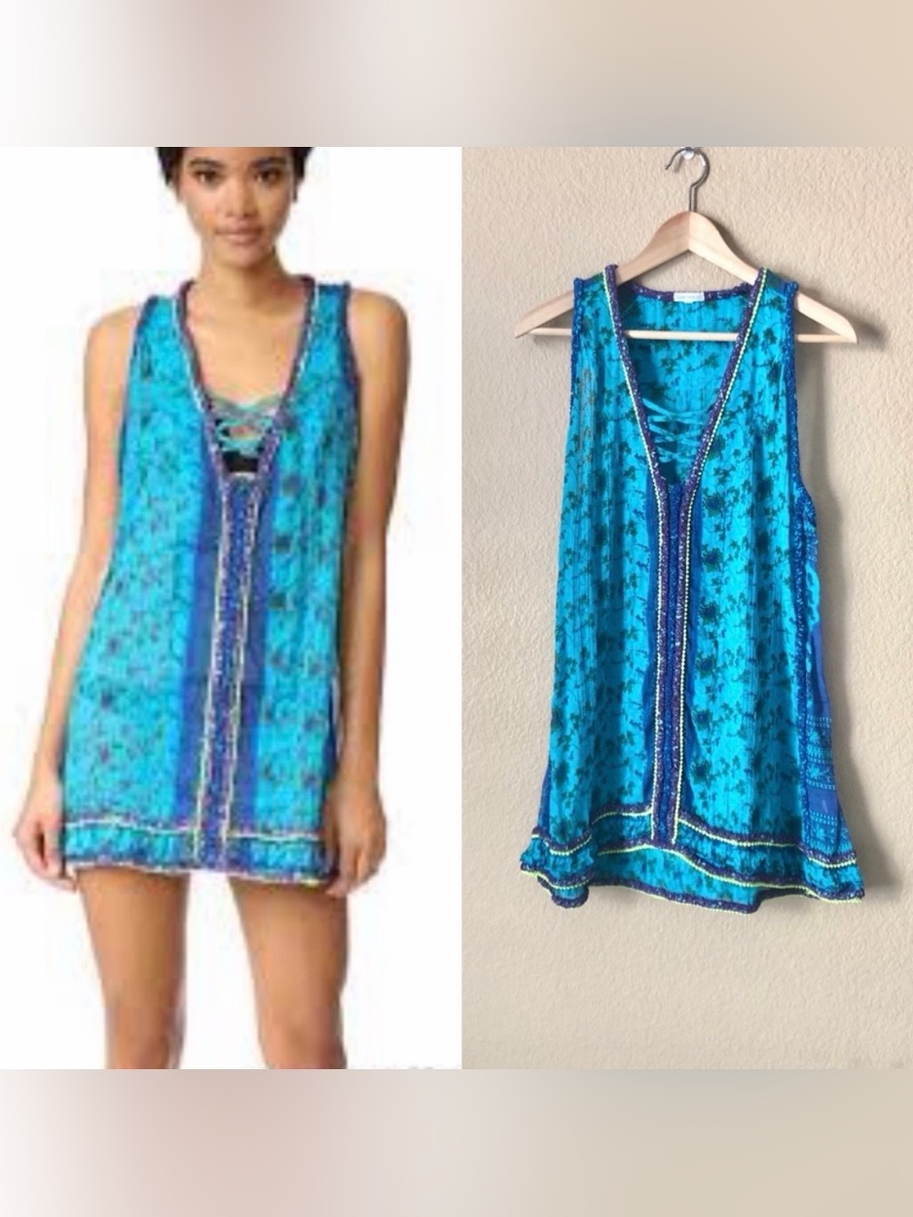 Poupette St Barth 100% cotton turquoise blue floral mini dress, size medium